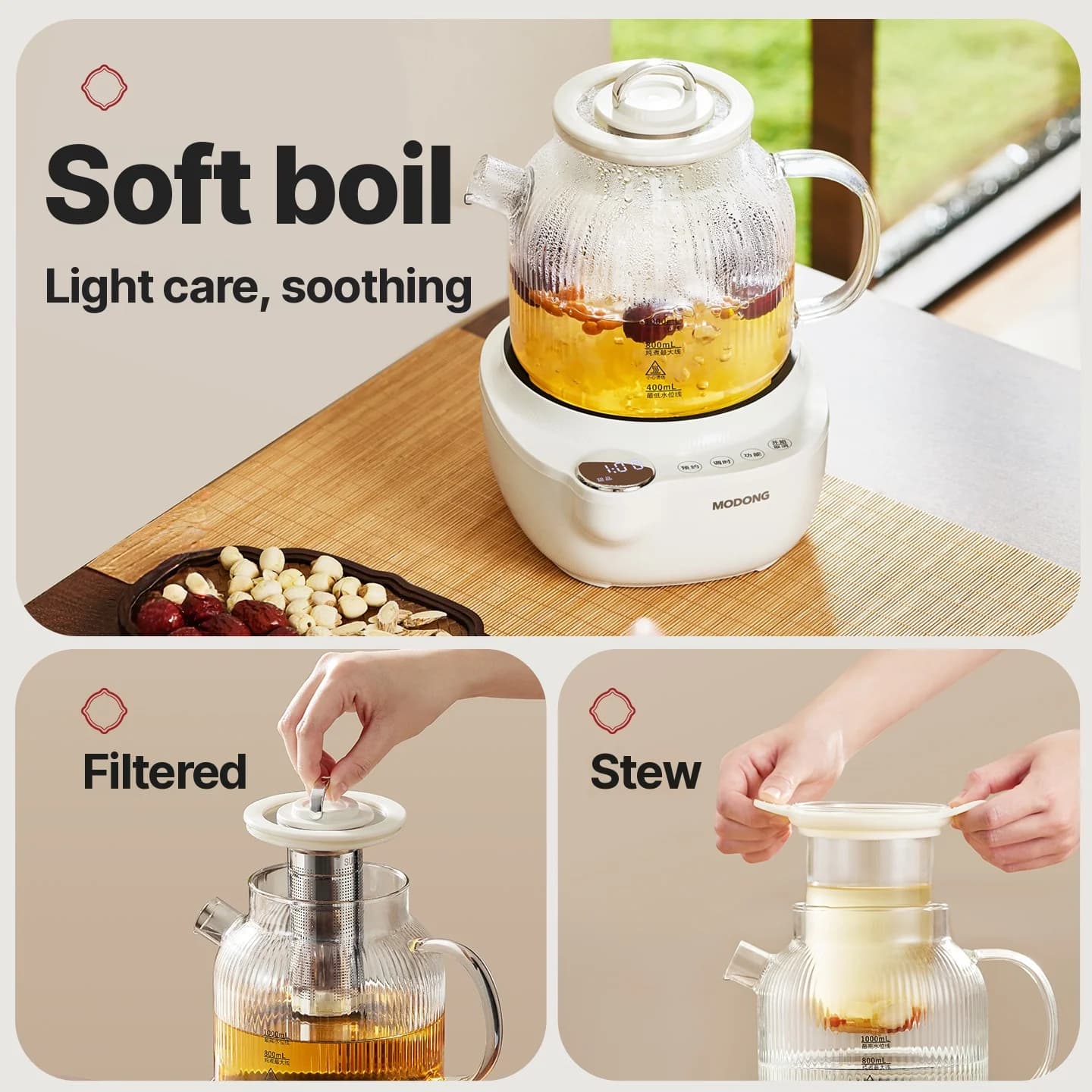 Fierbător electric de ceai din sticlă cu control al temperaturii, 1L