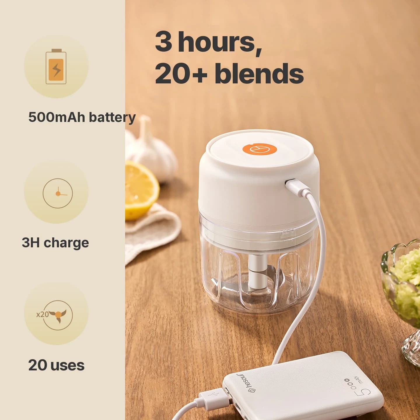 Pahar cu tocător electric fără fir pentru usturoi 250mL 5V 30W Plastic