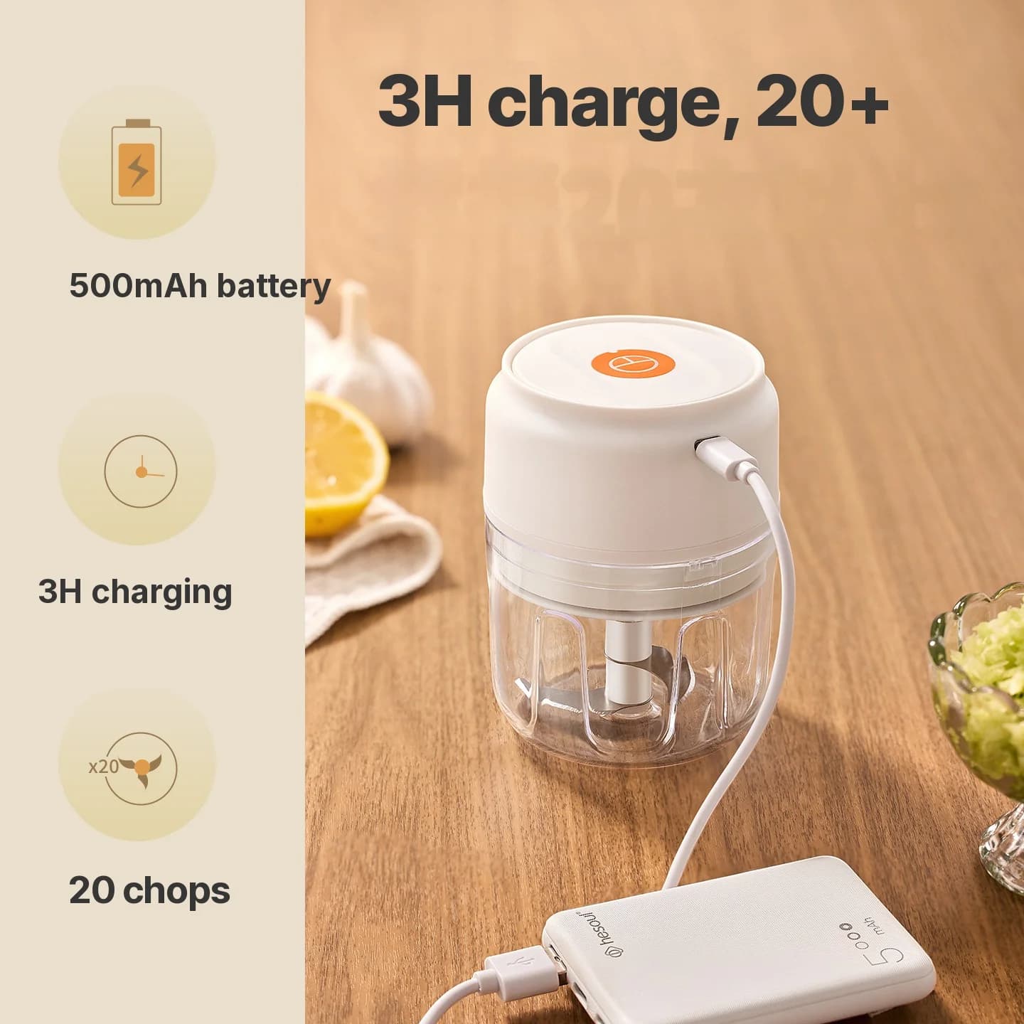 Tocător electric wireless pentru usturoi, 250 mL, 5V, 30W, plastic