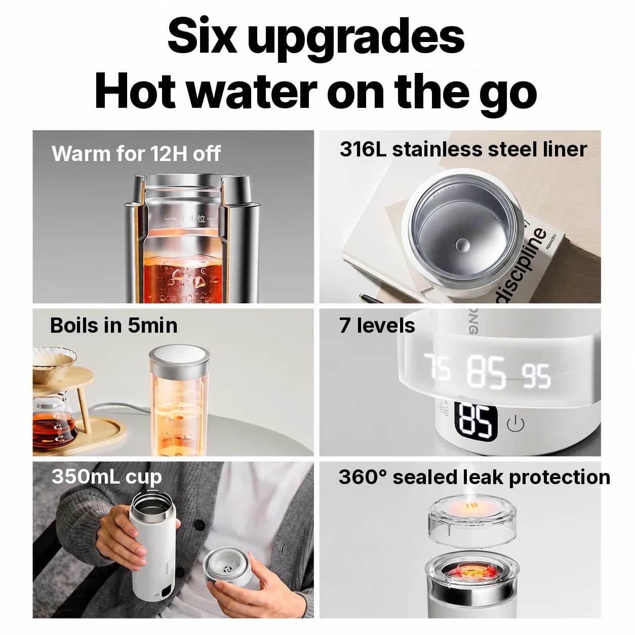 Cană electrică portabilă pentru încălzirea apei, 350ml, oțel inoxidabil 316L