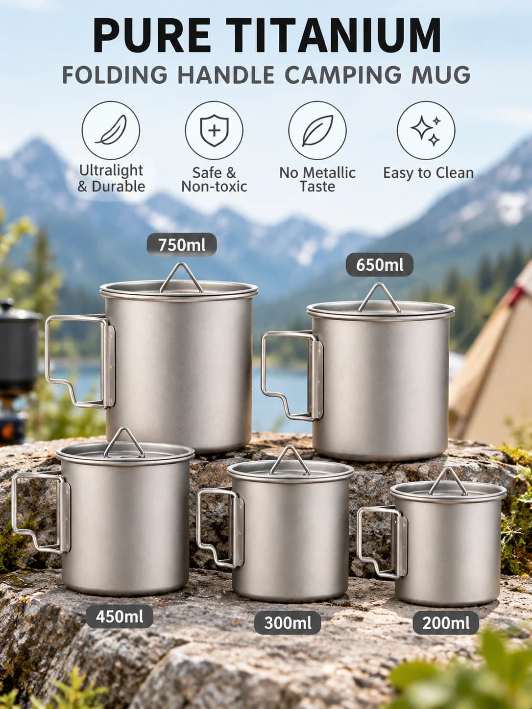 Cană pliabilă din titan pur pentru camping