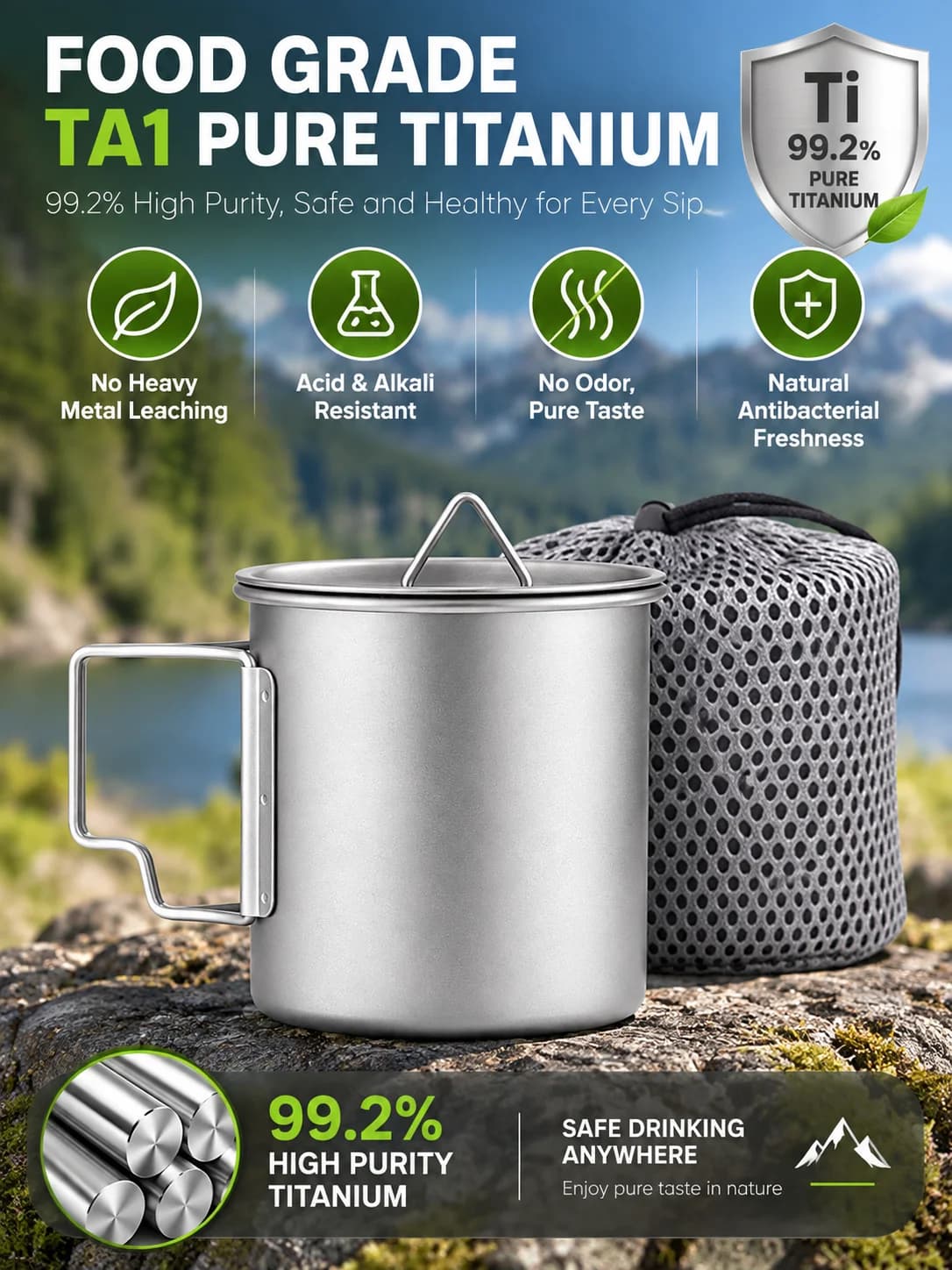 Cană pliabilă din titan pur pentru camping